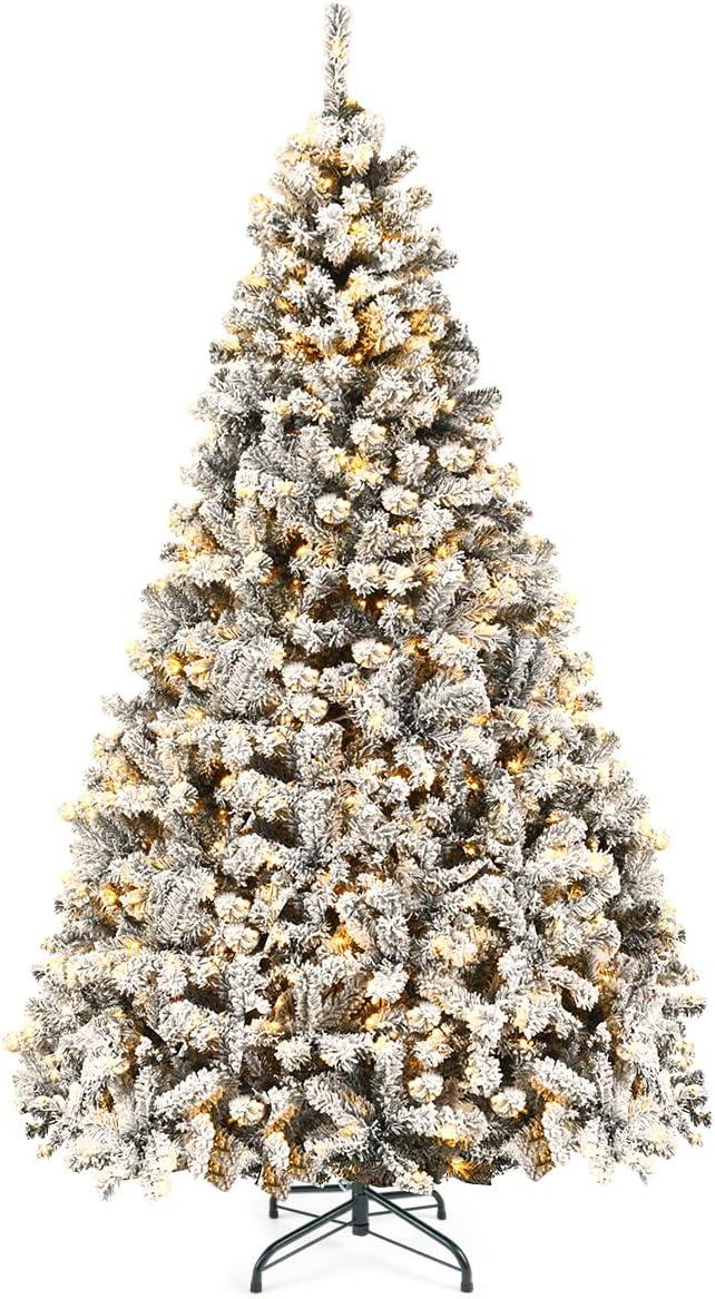 9-Foot White Flocked Pine Christmas Tree with Warm LED Lights