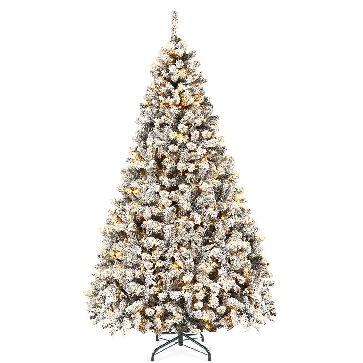 9-Foot White Flocked Pine Christmas Tree with Warm LED Lights
