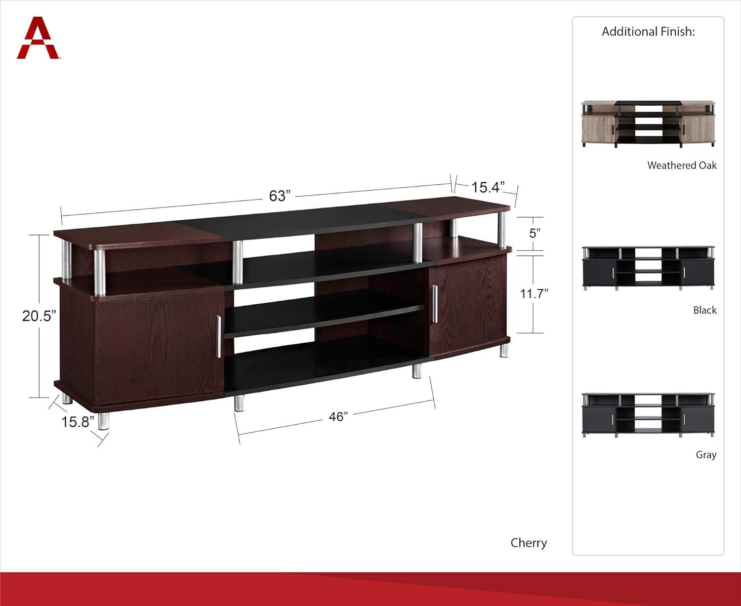 Ameriwood Home Carson TV Stand fits up to 70" with Multiple Open Shelves, Cherry and Black