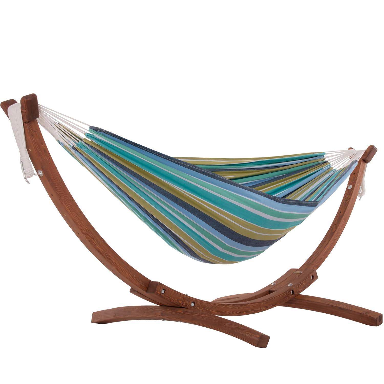 Vivere 8ft Double Cotton Hammock with Solid Pine Arc Stand - Cayo Reef Color