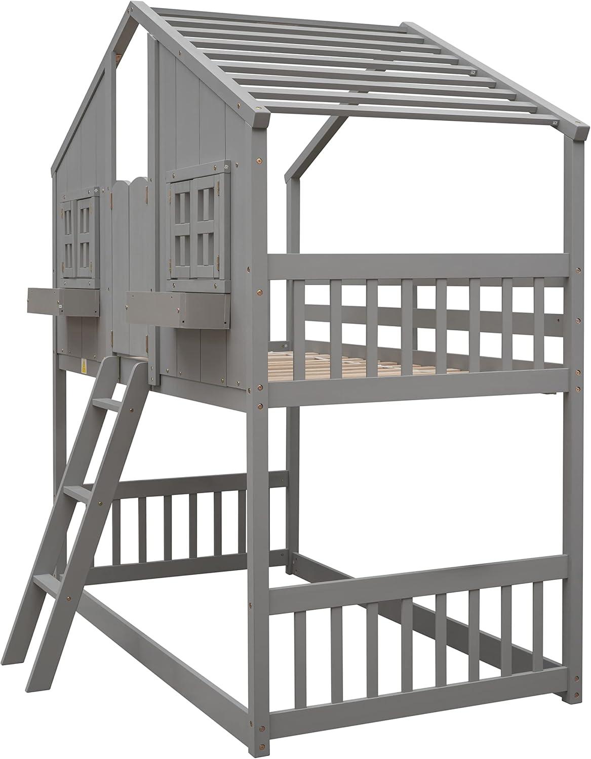 HighSound Twin Over Twin House Bunk Bed Frame with Roof, Window, Ladder and Safety Guardrails for Boys Girls, White & Pink