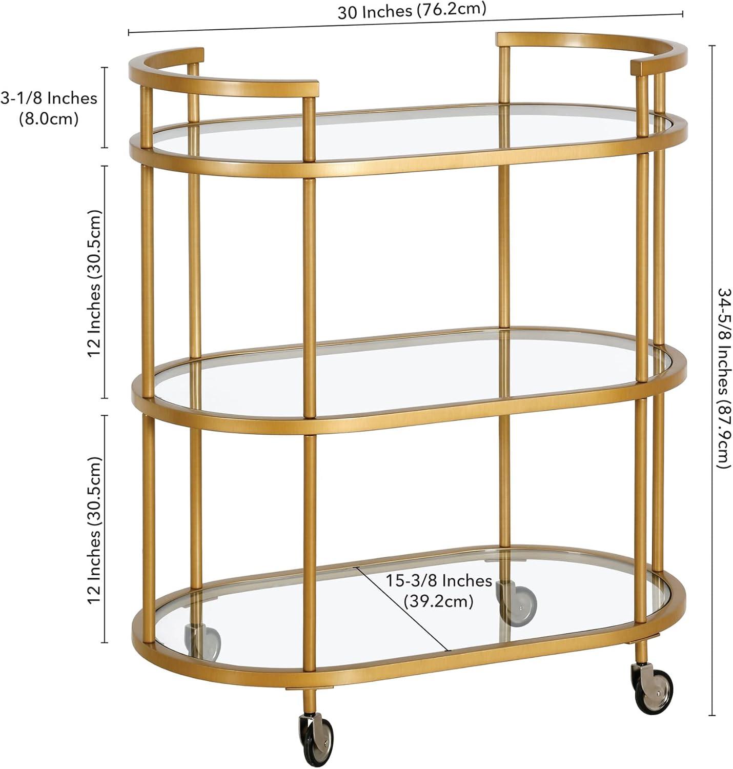 Evelyn Oval Brass Bar Cart with Tempered Glass Shelves