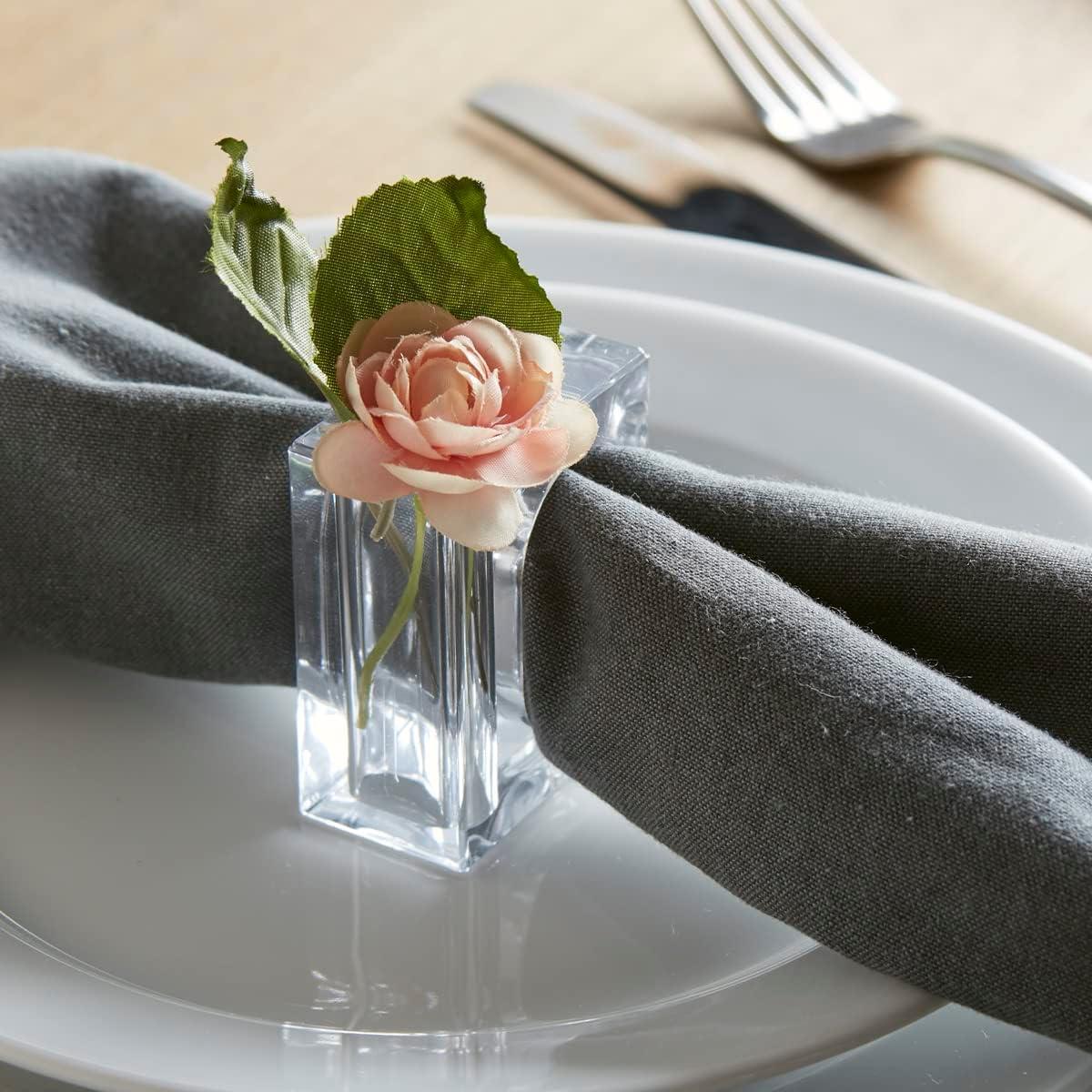 Huang Acrylic Flower Bud Square Napkin Ring Set of 4 | Great for parties, weddings, and events | Crystal clear elegant table decor Clear