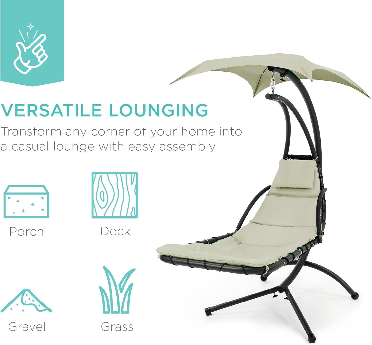 Best Choice Products Hanging Curved Chaise Lounge Chair Swing for Backyard, Patio w/ Pillow, Shade, Stand - Sage