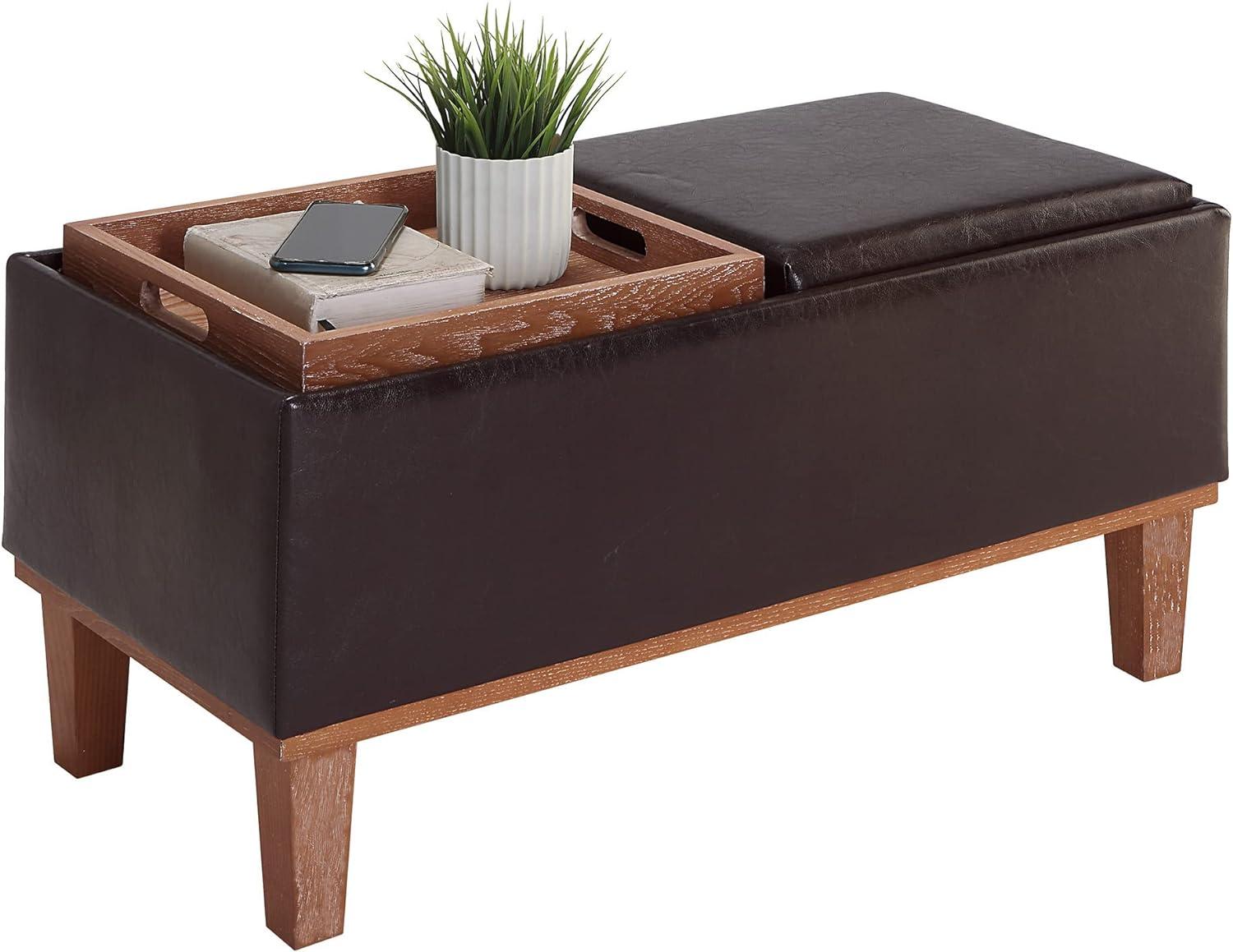 Espresso Faux Leather 35" Storage Ottoman with Reversible Tray
