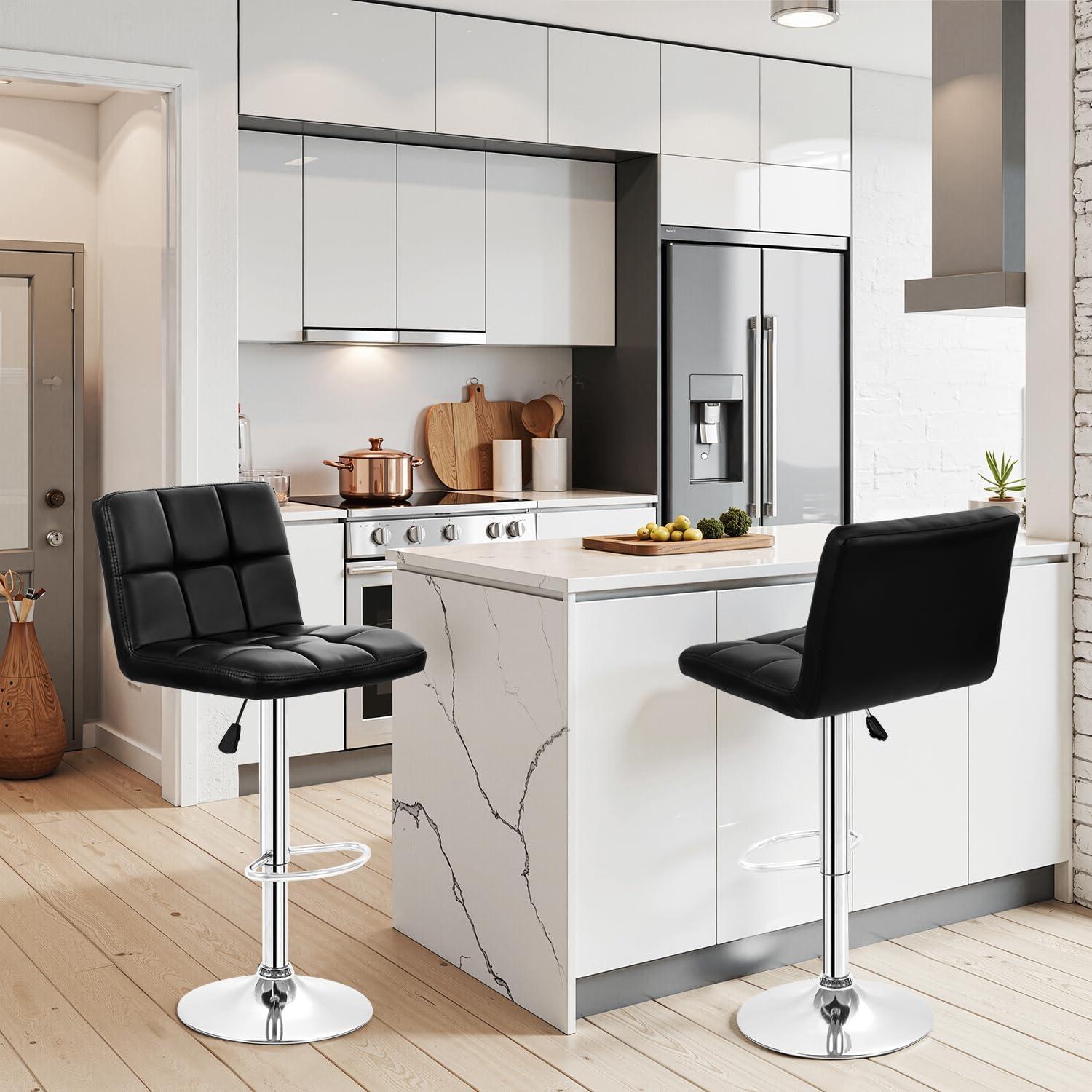 FDW Bar Stool Height Adjustable Swivel Stool with Back PU Leather Kitchen Counter Stools Set of 2 Dining Chairs, Black