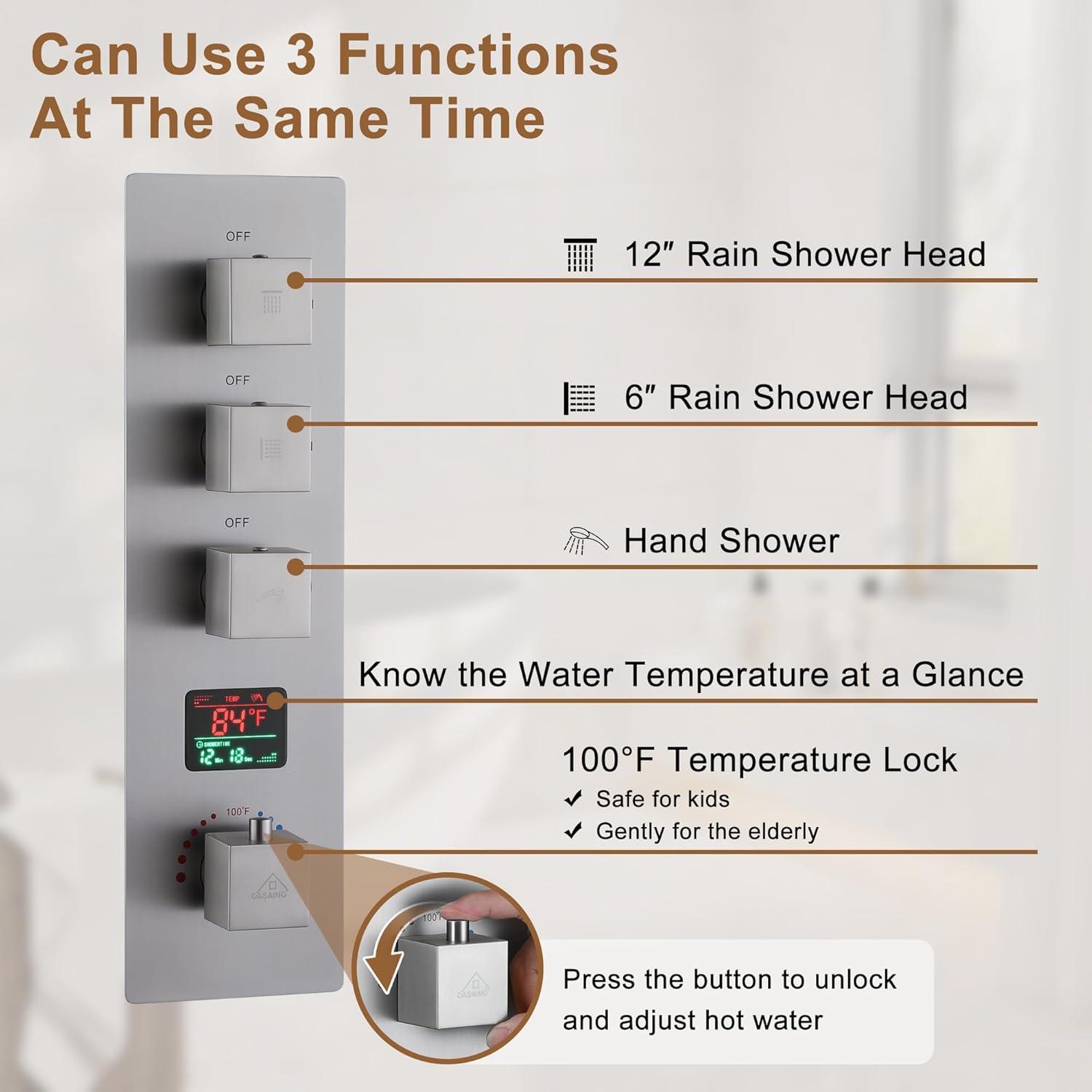 Rainfall Symphony 12" Flush Mount Rainfall Temperature Display Thermostatic Shower System with 64 Color LED and Music