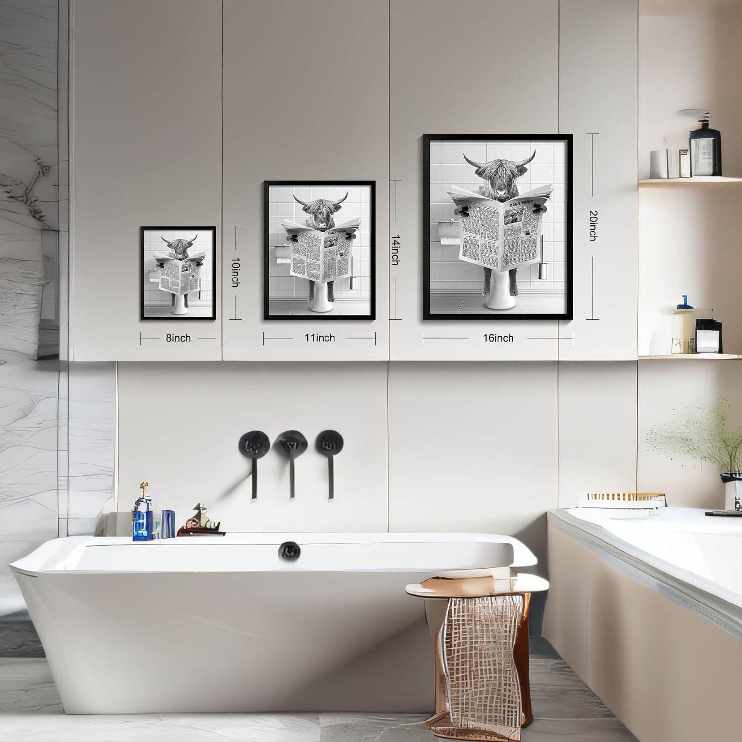 Modern Black Framed Highland Cow Wall Art Minimalist Bathroom Wall Decor Cute Funny Animals Artwork Canvas Prints Ready to Hang for Guest Bathroom, Hotel, Condo, Kids Bathroom, 12”x16”