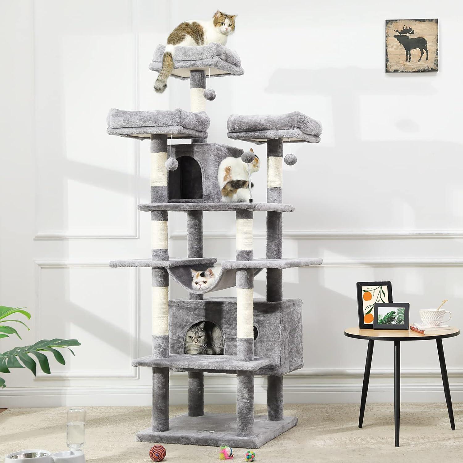 67" Light Gray Plush and Sisal Multi-Level Cat Tree