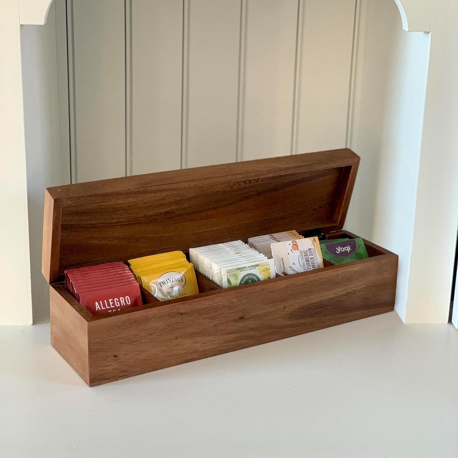 Large Acacia Wood Tea Box with 5 Compartments