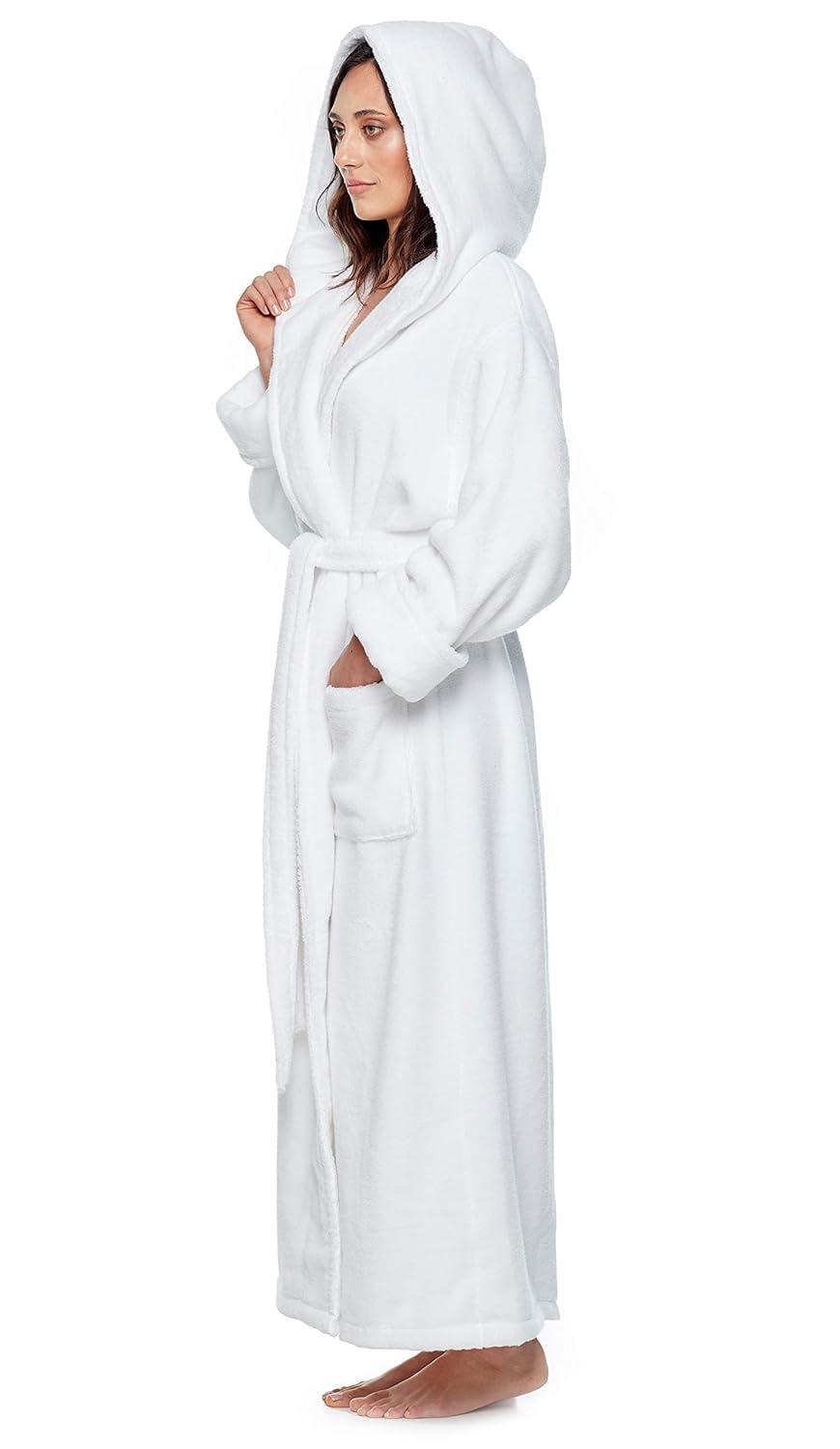 Women's Cotton Hooded Full Length Turkish Bathrobe White X-Large