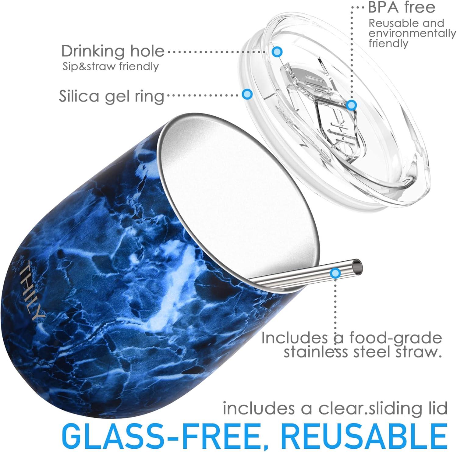 Wine Tumbler Vacuum Insulated Stemless - THILY 12 oz Triple-Insulated Stainless Steel Wine Glass with Lid and Straw, Cute Travel Cup Keep Cold or Hot for Coffee, Cocktails, Wood Grain