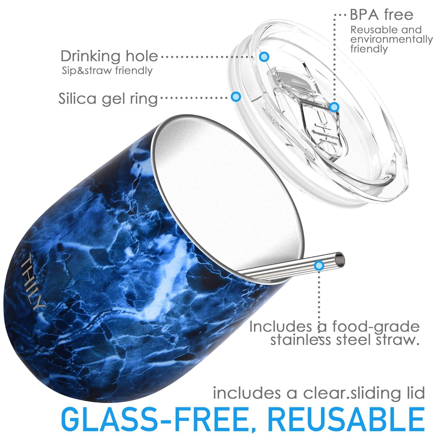 Wine Tumbler Vacuum Insulated Stemless - THILY 12 oz Triple-Insulated Stainless Steel Wine Glass with Lid and Straw, Cute Travel Cup Keep Cold or Hot for Coffee, Cocktails, Wood Grain