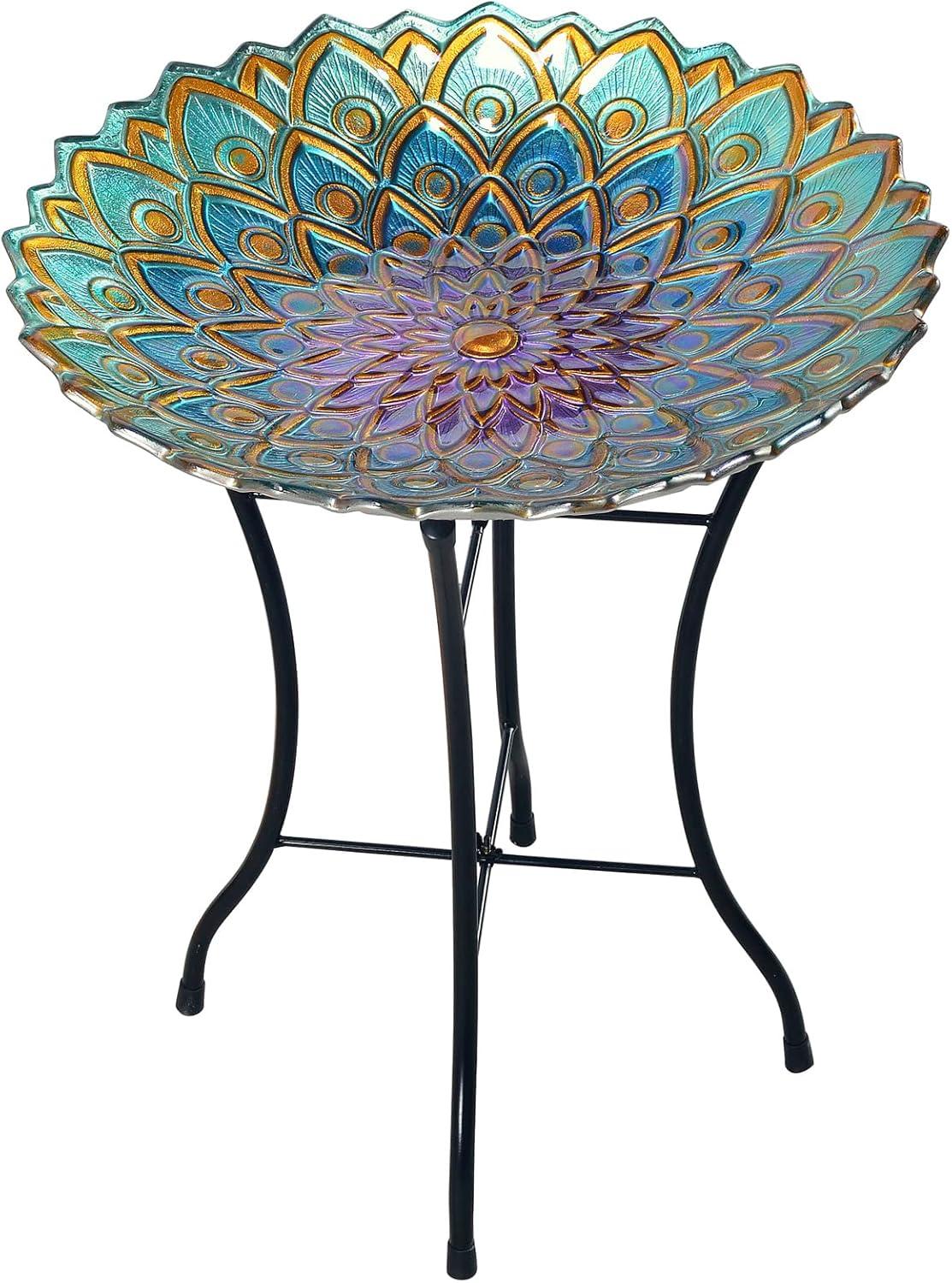 18" Multicolor Mosaic Glass Bird Bath with Metal Stand