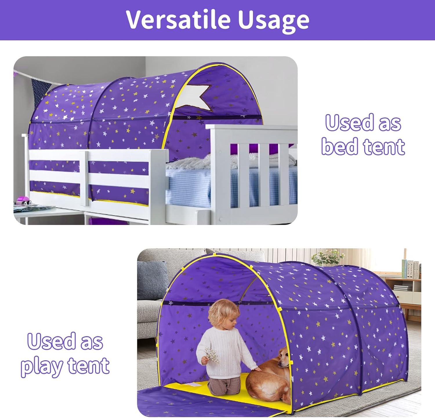 Twin Bed Canopy Kids Play Tent, Starlight Dream Tent for Kids, Twin Bed Playhouse with Glow-in-the-Dark Stars, Pop-Up Portable Privacy Space for Boys & Girls, Indoor Camping, Reading, Play, Purple