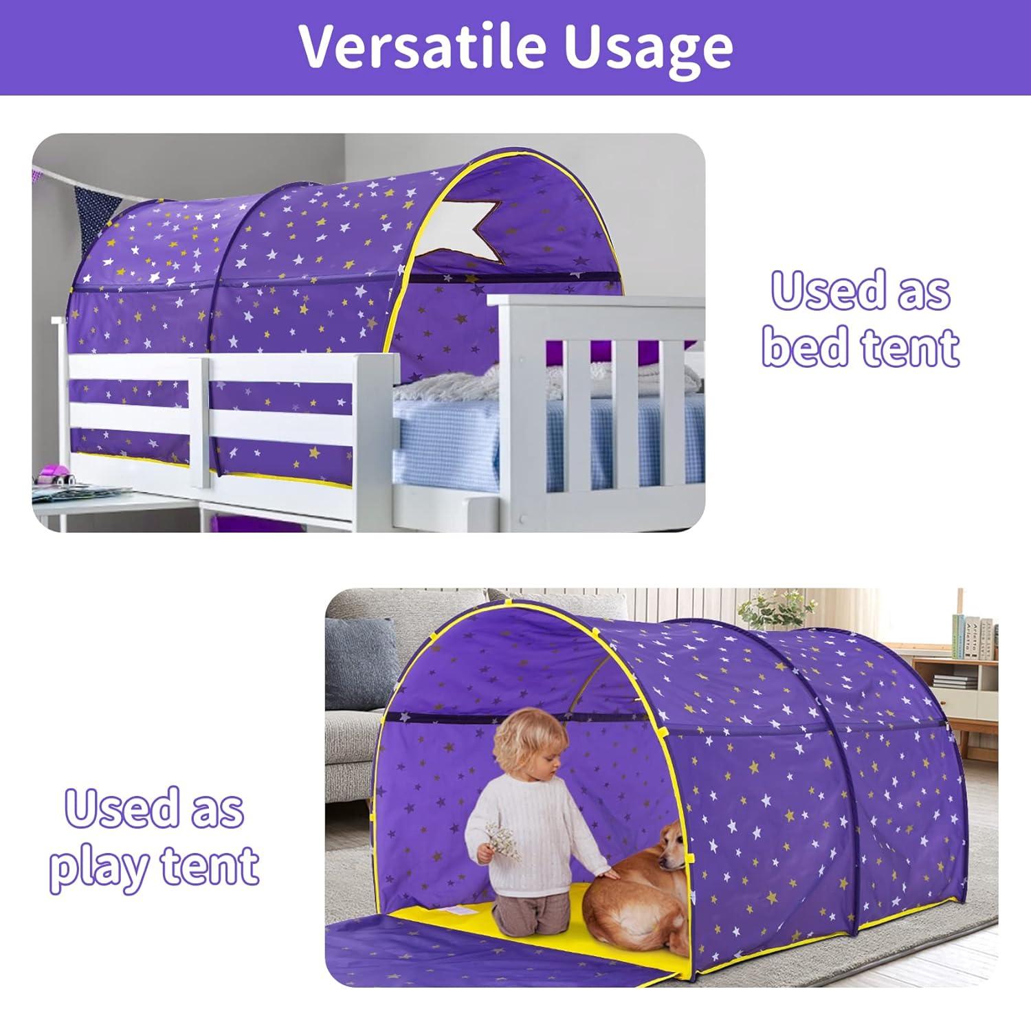 Twin Bed Canopy Kids Play Tent, Starlight Dream Tent for Kids, Twin Bed Playhouse with Glow-in-the-Dark Stars, Pop-Up Portable Privacy Space for Boys & Girls, Indoor Camping, Reading, Play, Purple