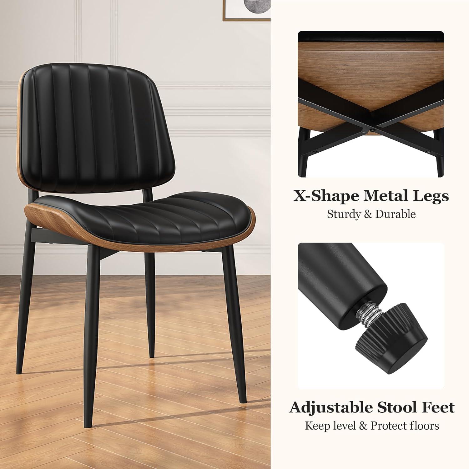 Dining Chairs Set of 2, Mid Century Modern Retro Faux Leather Chair with Walnut Bentwood Back, Upholstered Seat Metal Legs & Adjustable Foot for Kitchen Dining Room Chairs(Black PU)