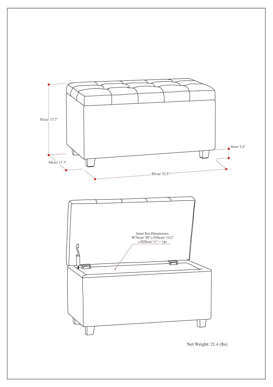 Simpli Home Cosmopolitan 34"W Upholstered Storage Ottoman with Tufted Design and Large Interior Storage