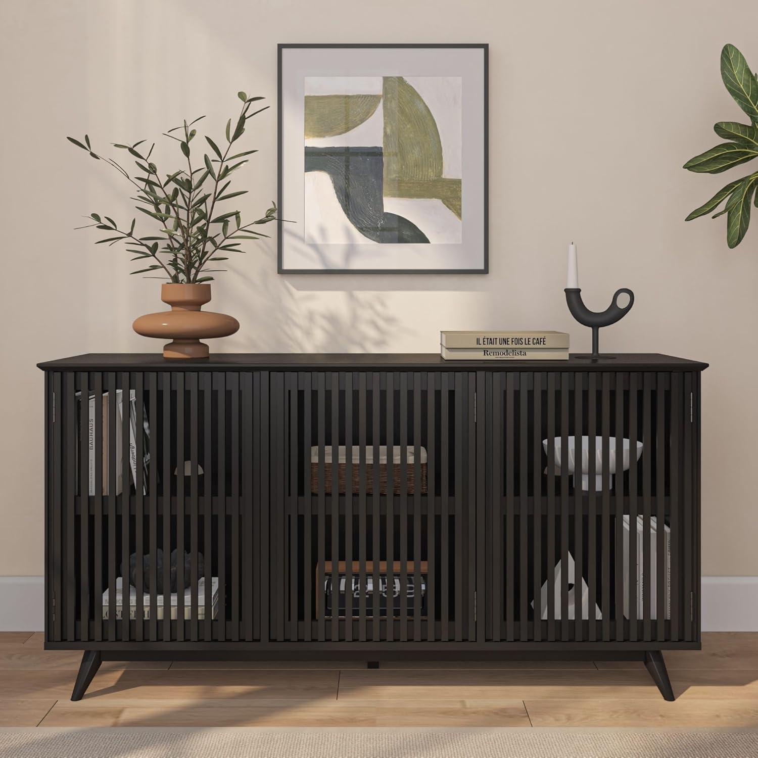 Plank+Beam Mid Century Modern Solid Wood Sideboard with 3 Doors, 59" TV Stand for Living Room, Black