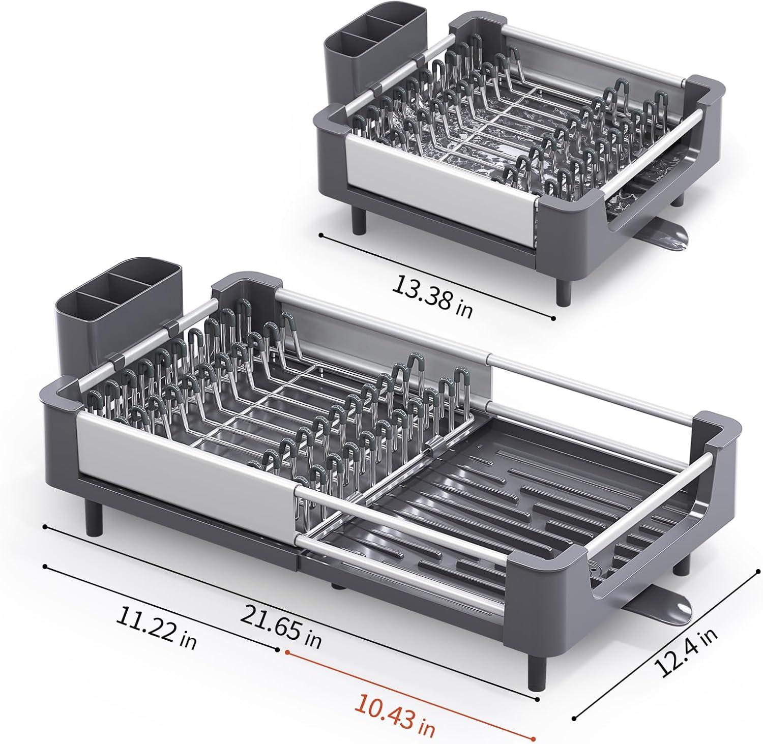 TOOLF Extendable Dish Rack, Dual Part Dish Drainers with Non-Scratch and Movable Cutlery Drainer and Drainage Spout, Adjustable Dish Drying Rack for Kitchen, 1 Piece White