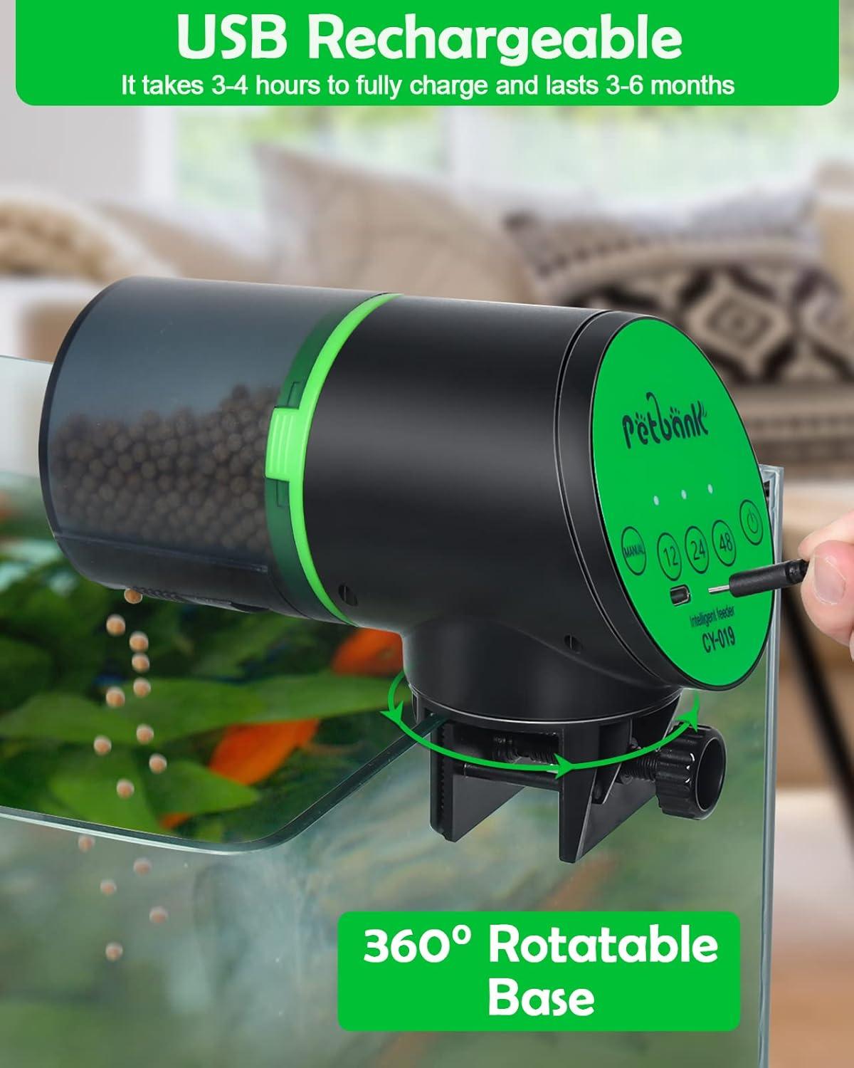 Petbank Automatic Fish Feeder for Aquarium, Auto Fish Food Dispenser with Timer, USB Charging, Green