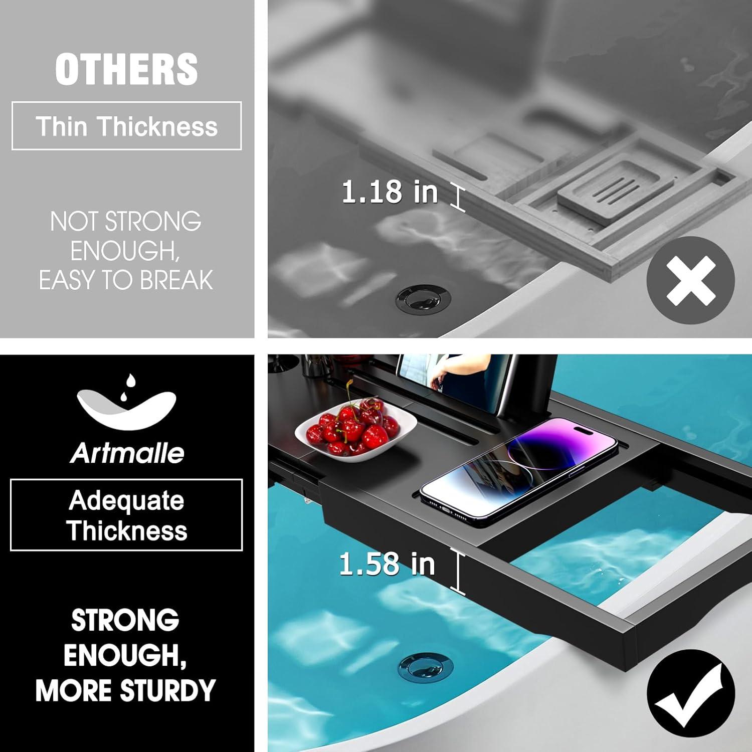 Artmalle Foldable Bathtub Tray for Tub, Bamboo Bathtub Caddy Tray Table with Book Stand for Luxury Bath, Bathroom Accessories for Women Men with Free Soap Dish (Semi-Simple, Natural) (Natural)