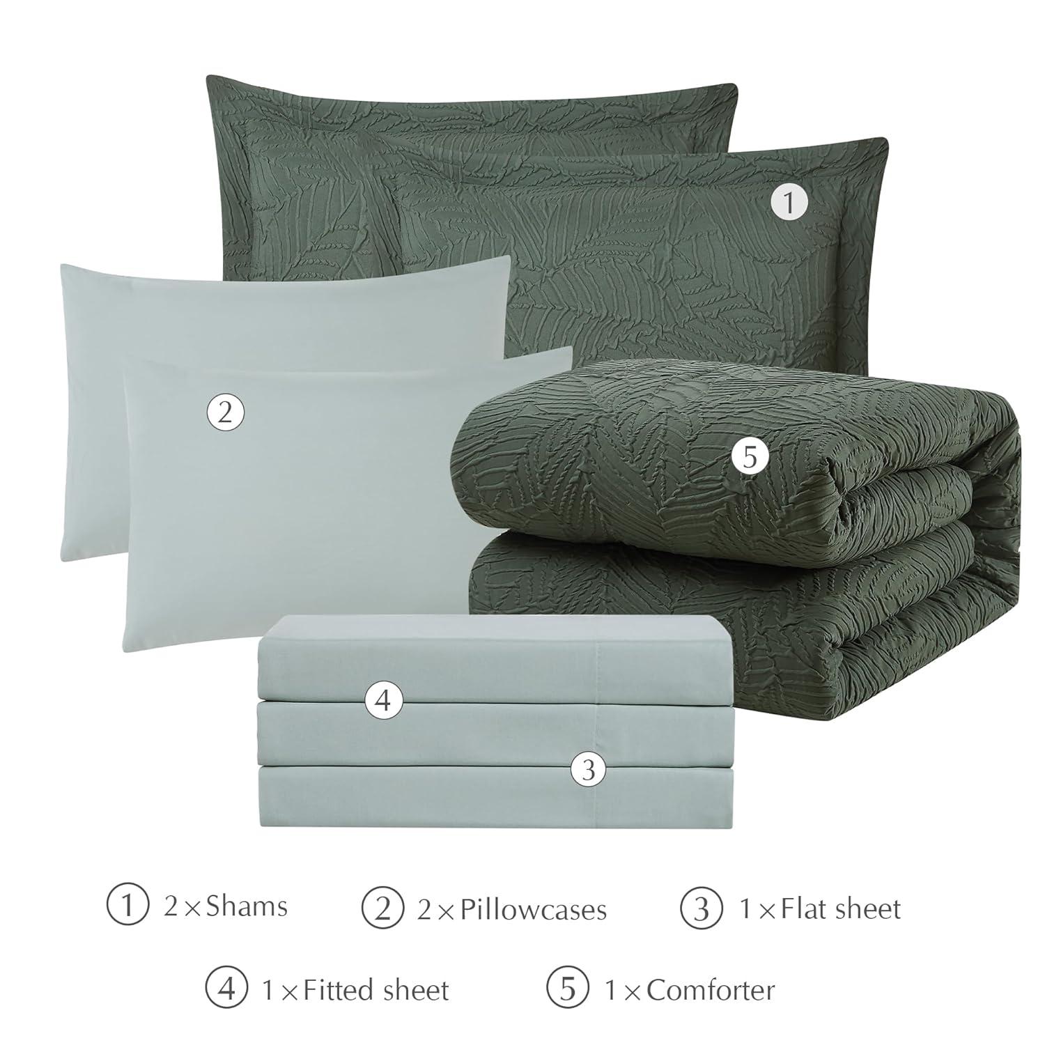Geniospin Queen Comforter Set - 7 Pieces Dark Green Bedding Set, Botanical Textured Comforter Bed Set, All Season Lightweight Bed in a Bag with Comforter, Sheets, Pillowcases & Shams