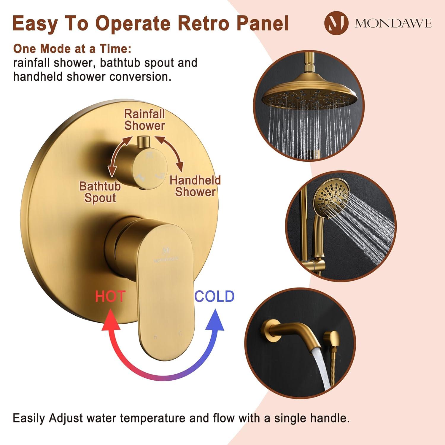 mondawe Calliope Wall Mounted 3 Function Retro Shower System with 3 Setting Handheld MD-A3815-BG3