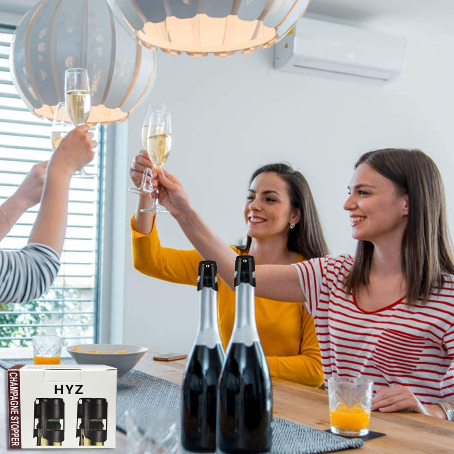 2Pack Champagne Stopper Black - Professional Champagne Saver Bottle Stopper with Pure Silicone Airtight Seal - Stainless Steel Prosecco, Cava, and Sparkling Wine Stopper