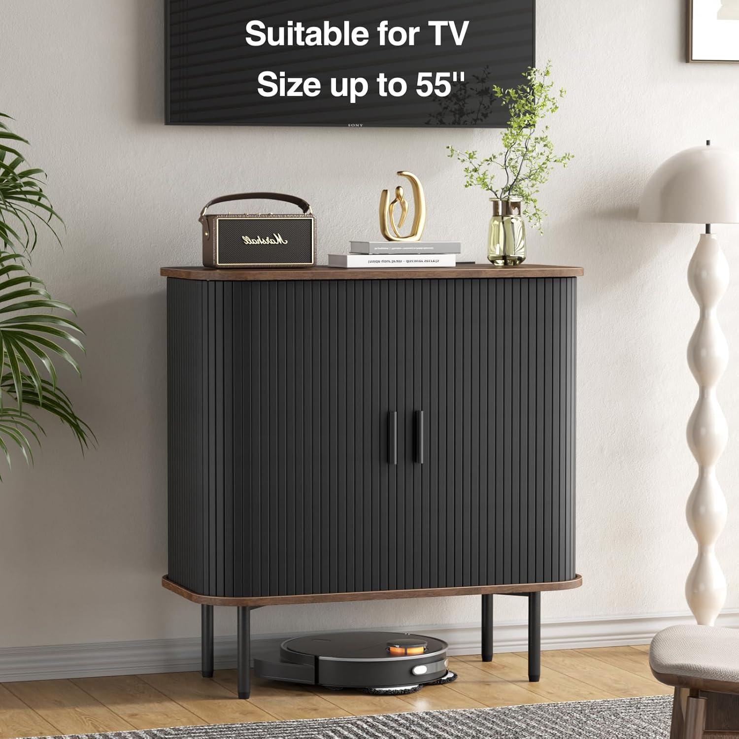 31'' Black and Walnut Fluted Sideboard Cabinet with Sliding Doors