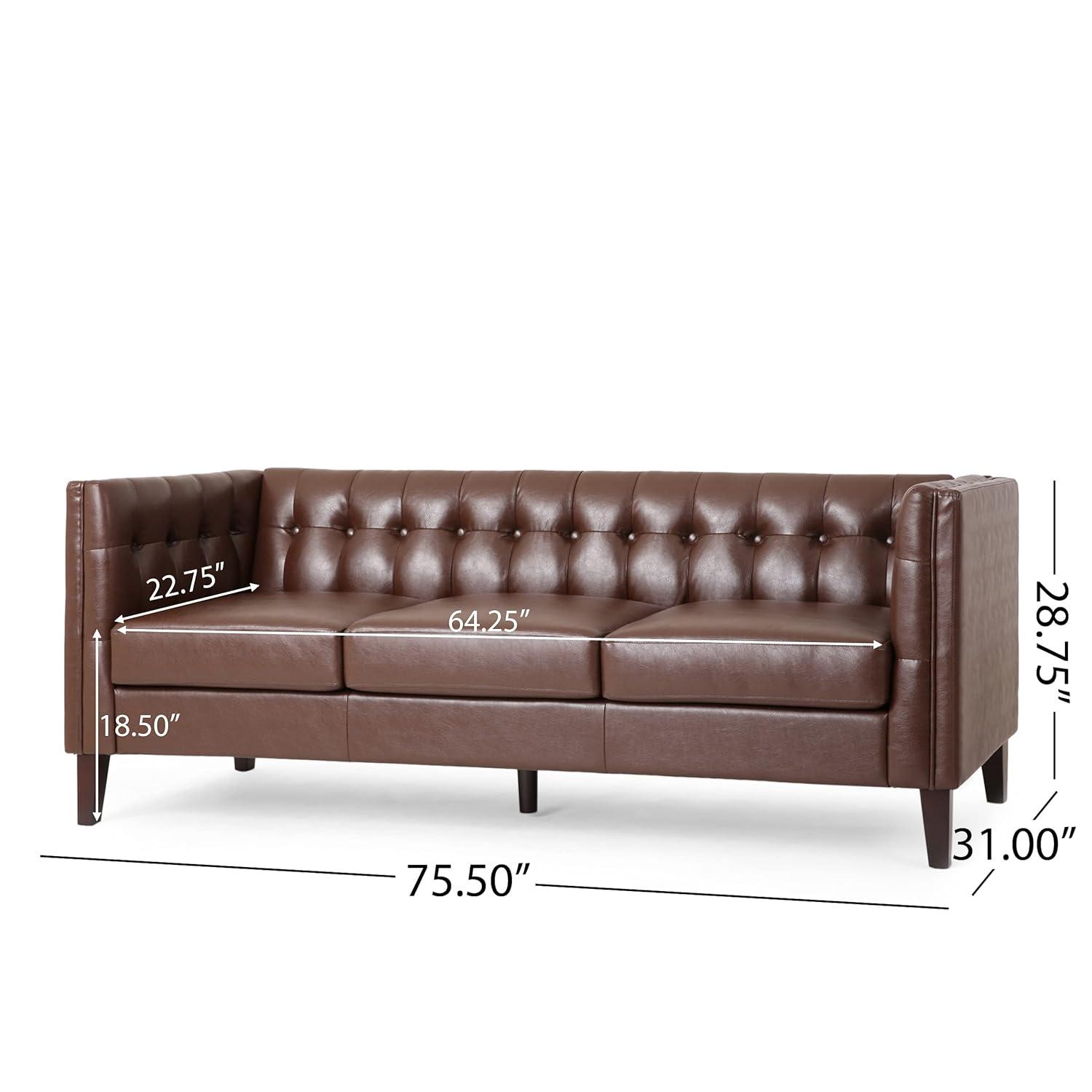 Pondway Contemporary Faux Leather Tufted 3 Seater Sofa Dark Brown/Brown - Christopher Knight Home: Elegant Low Backrest, Birch Wood Legs