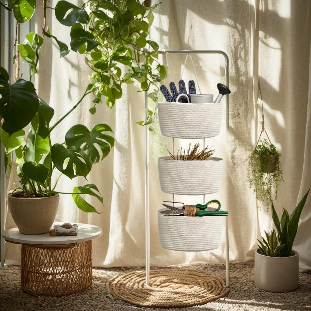 TeoKJ Over the Door Hanging Baskets with Button Strap, 3-Tier Woven Cotton Storage Organizer Bag, Wall-Mounted with Hook Decorative Hanging Kitchen Baskets - White