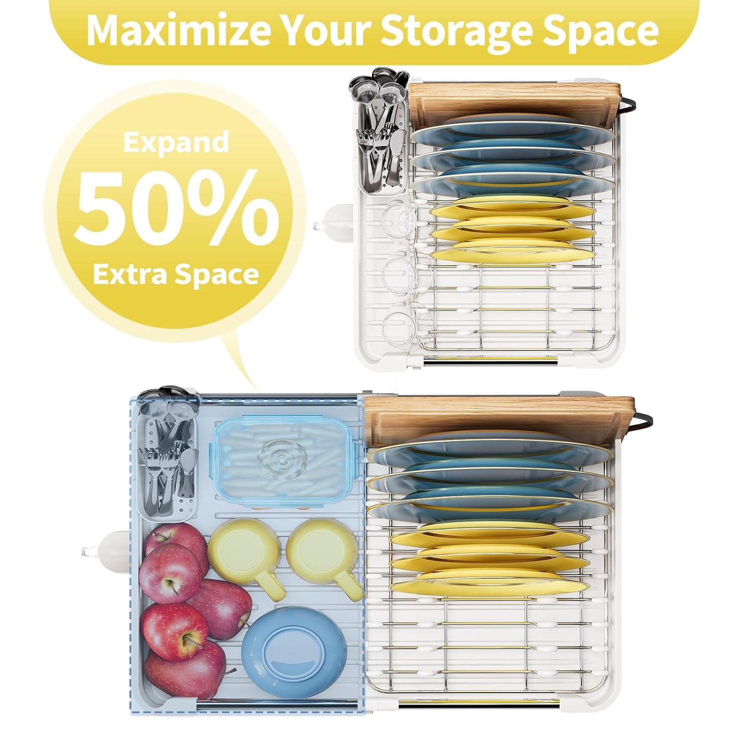 TOOLF Extendable Dish Rack, Dual Part Dish Drainers with Non-Scratch and Movable Cutlery Drainer and Drainage Spout, Adjustable Dish Drying Rack for Kitchen, 1 Piece White