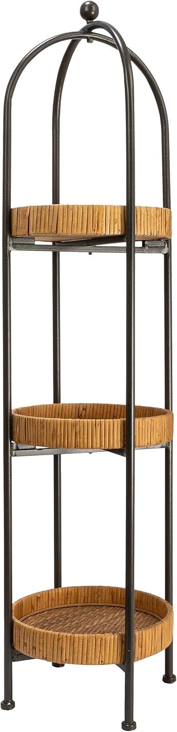 Storied Home Boho Bamboo-Style Metal Plant Stand or Shelf with Removable Rattan Trays, Natural