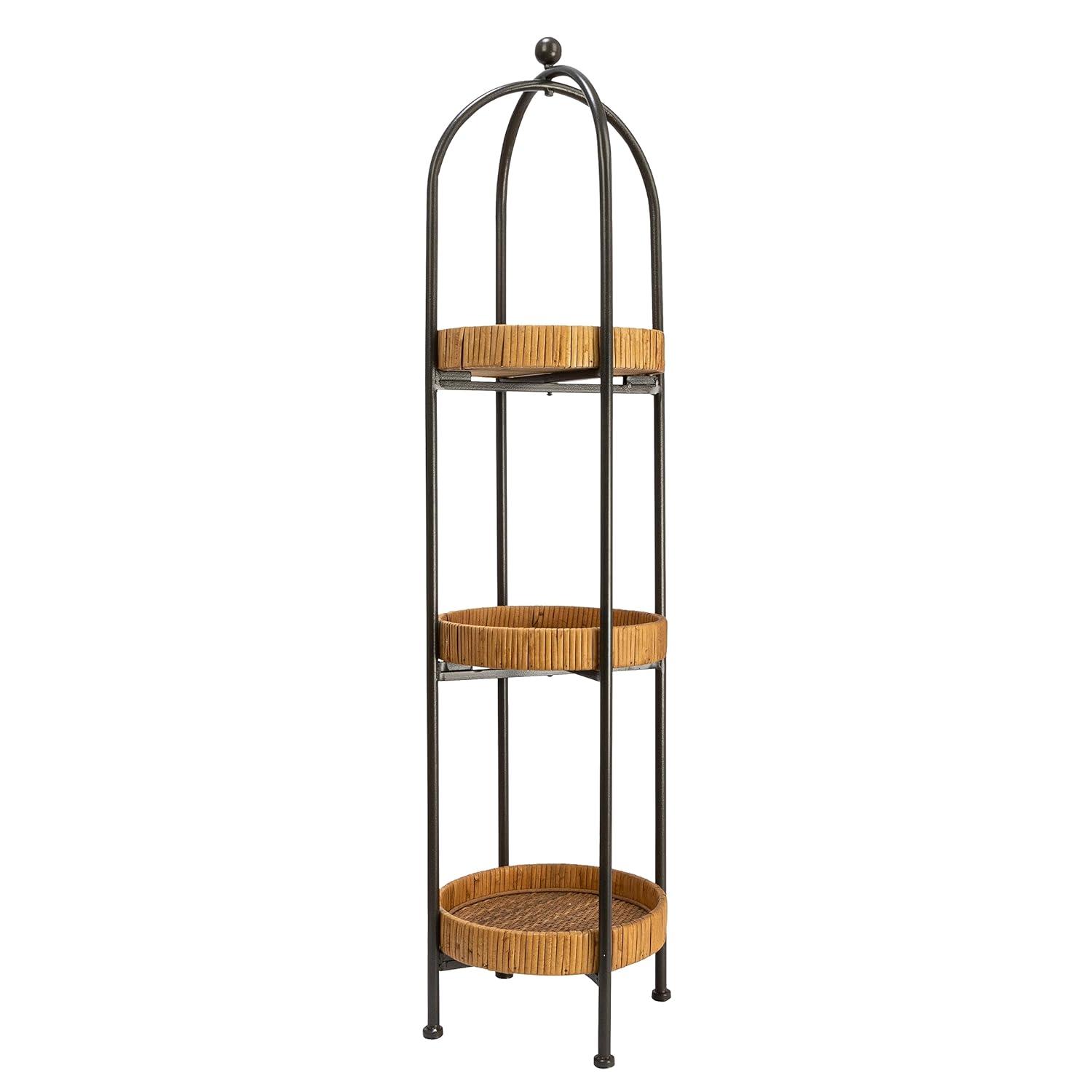 Storied Home Boho Arched Metal Plant Stand or Shelf with 3 Round Removable Rattan Trays, Natural and Black