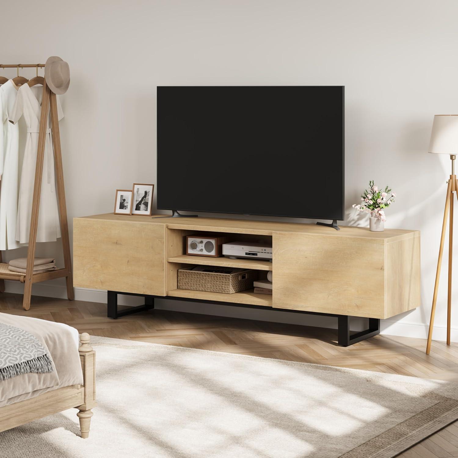 Industrial TV Stand for 80 Inch, Modern Entertainment Center with 2 Drawers, Wooden Cabinet with Heavy Duty Leg and Open Storage for Bedroom, Walnut