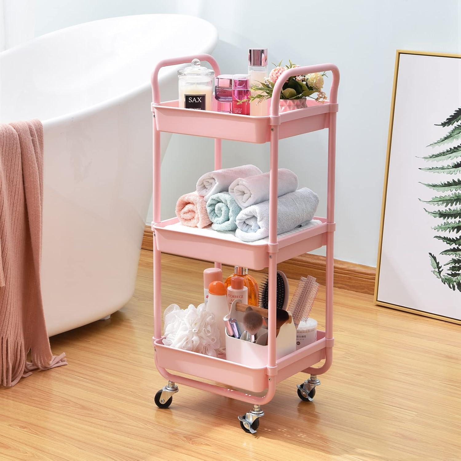 Pink 3-Tier Rolling Utility Cart with Alloy Steel Frame