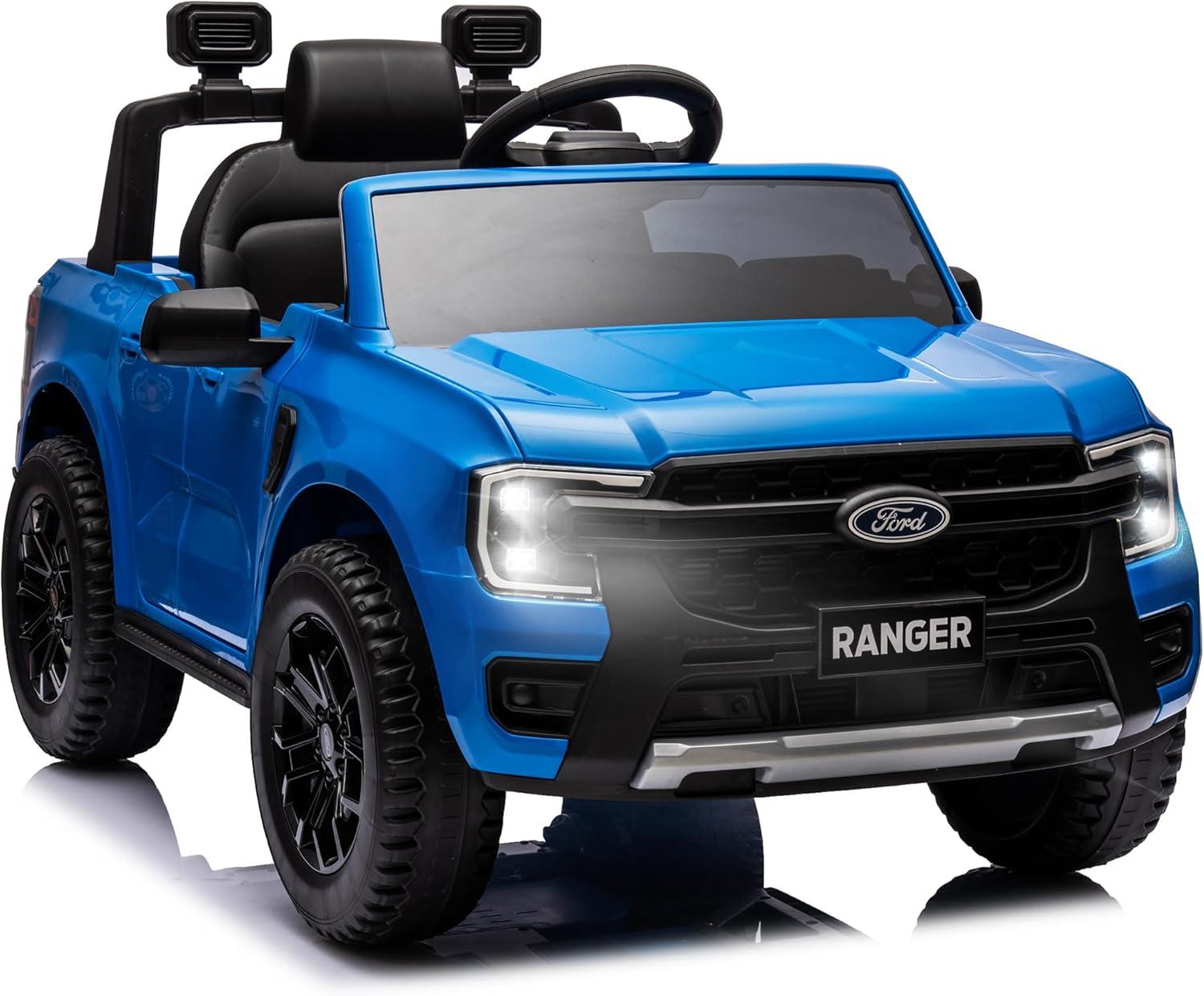 Ford Ranger Ride on Truck, 12V Powered Ride on Toy Cars with Remote Control, Bluetooth, MP3 Player, Safety Belt, LED Lights, Horn, Rear Wheels Drive Kids Electric Car for Boys Girls 3-6 Ages, Blue