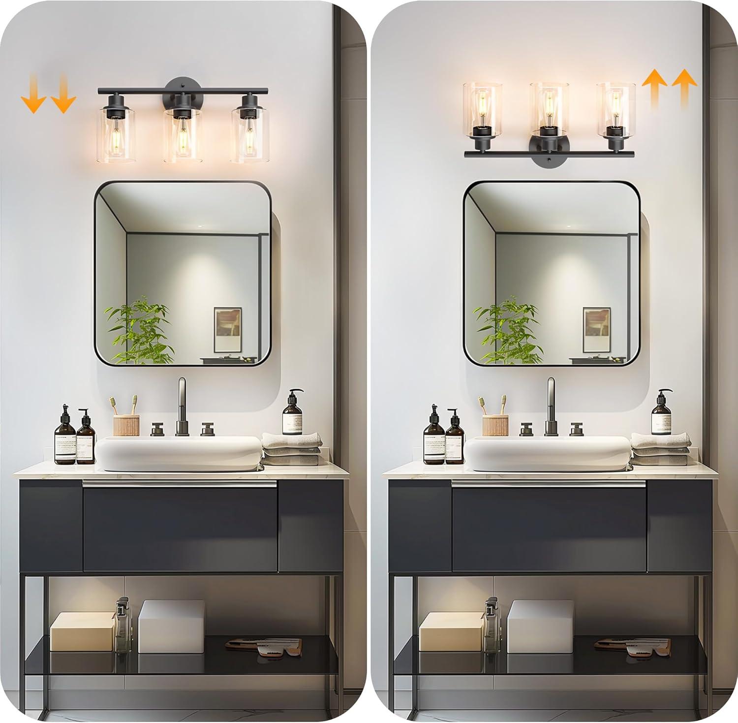 3-Light Bathroom Light Fixtures Bathroom Vanity Lights with Clear Glass Shades Matte Black Bathroom Light Fixtures over mirror for Mirror Living Room Cabinet Bedroom Porch