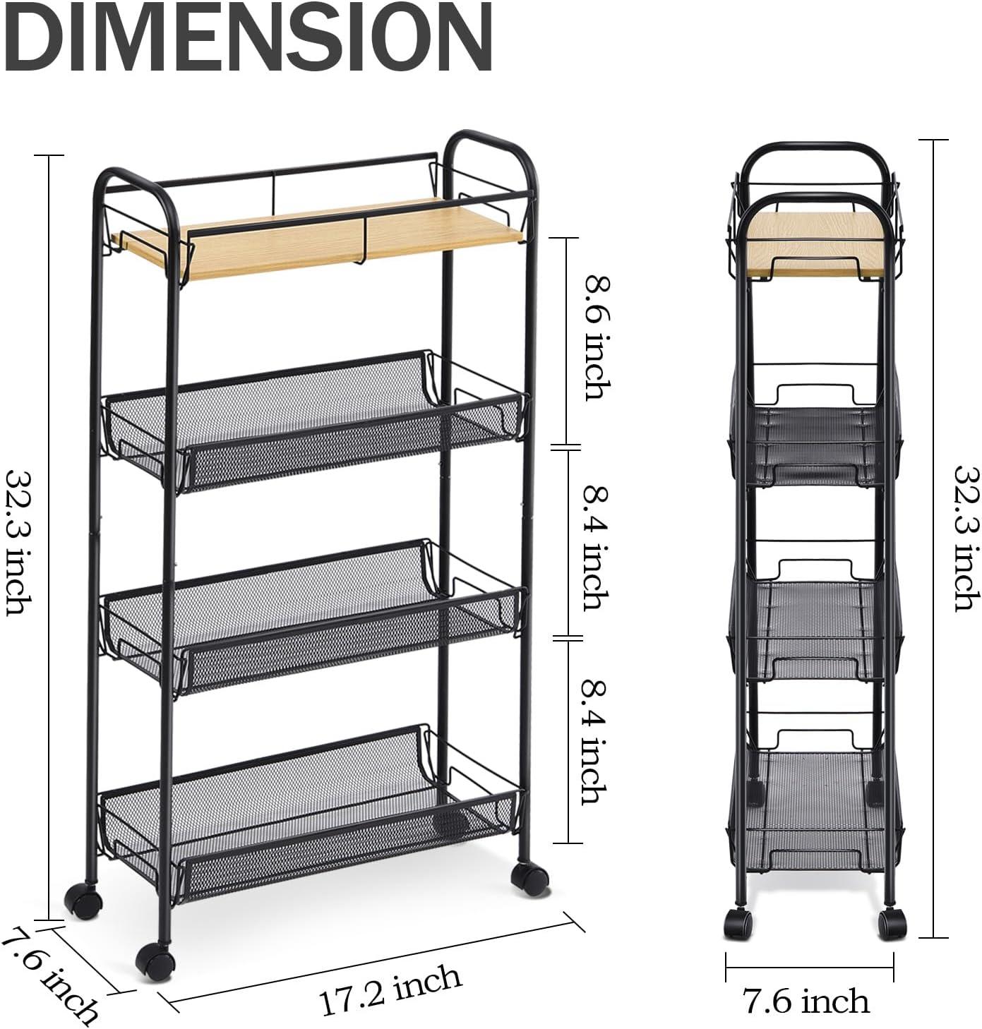 Black Metal 4-Tier Rolling Cart with Wooden Tabletop