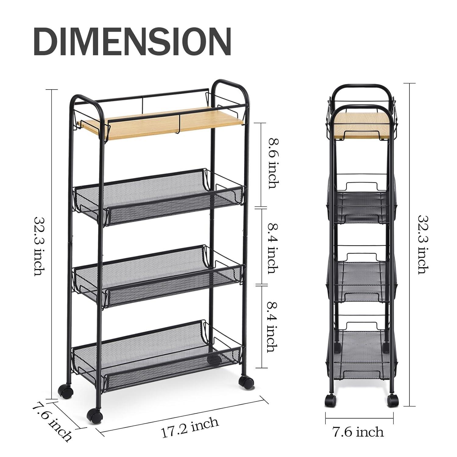 KINGRACK 4-Tier Slim Rolling Cart,Metal Utility Cart,Slide Out Storage Cart with Wooden Tabletop and Mesh Baskets for Narrow Space on Kitchen Bathroom Laundry Room Bedroom Apartments Dormitory, Black