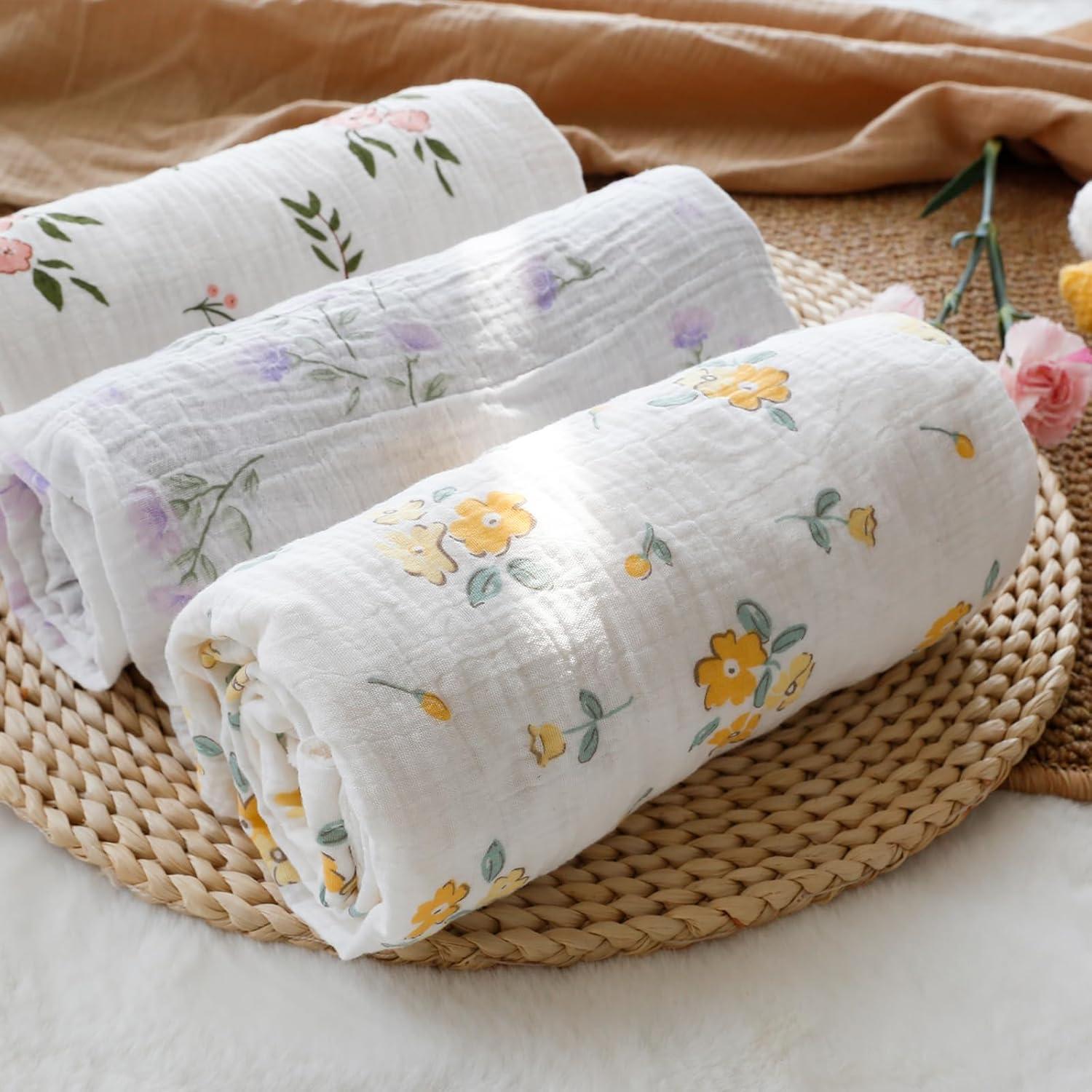 BOPRIO Muslin Baby Blankets for Girls Super Soft Nursery Minky Blankets with Breathable Muslin Cotton Front and 3D Touch Dotted Fleece Backing, Pink Floral Printed Bed Throws Newborn 30 x 40 Inch