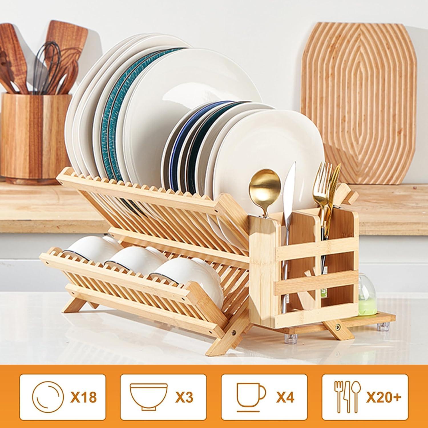 Bamboo Dish Drying Rack with Utensil Holder, Collapsible Wooden Dish Drainer Rack, 3-Tier Large Folding Drying Holder for Kitchen Counter