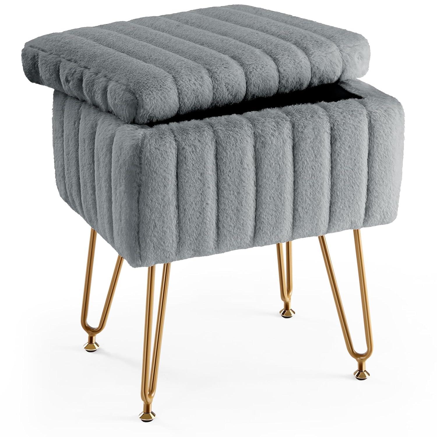 Vanity Stool Chair with Storage, Ottoman Faux Fur Soft Padded Makeup Footstools Seat with 4 Metal Legs
