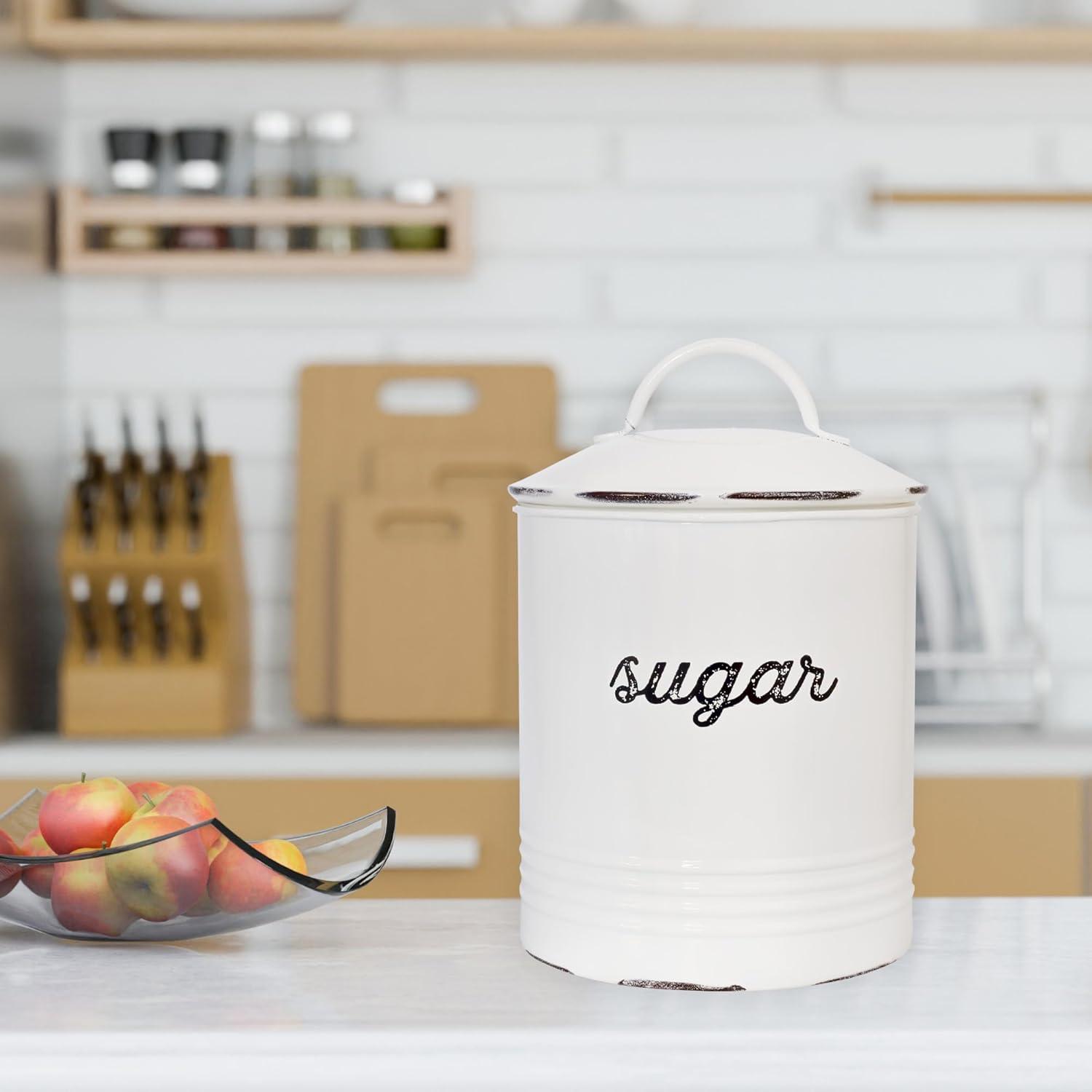 AuldHome Design Enamelware White Sugar Canister; Rustic Farmhouse Style Kitchen Storage