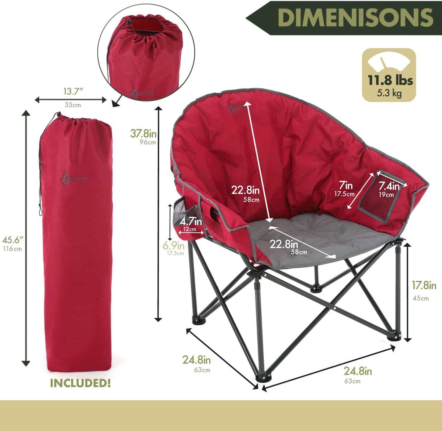 ARROWHEAD OUTDOOR Oversized Heavy-Duty Club Folding Camping Chair w/ External Pocket, Cup Holder, Portable, Padded, Moon, Round, Saucer, Supports 330lbs, Carrying Bag, USA-Based Support (Burgundy Red)