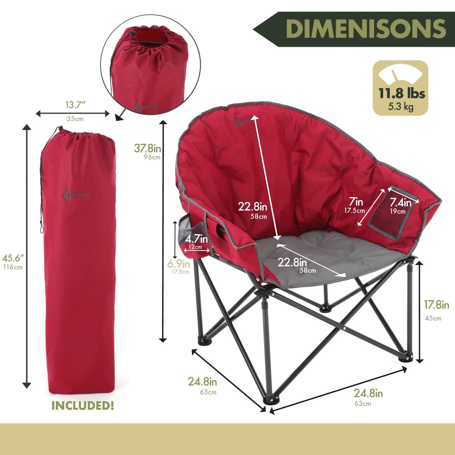 ARROWHEAD OUTDOOR Oversized Heavy-Duty Club Folding Camping Chair w/ External Pocket, Cup Holder, Portable, Padded, Moon, Round, Saucer, Supports 330lbs, Carrying Bag, USA-Based Support (Burgundy Red)