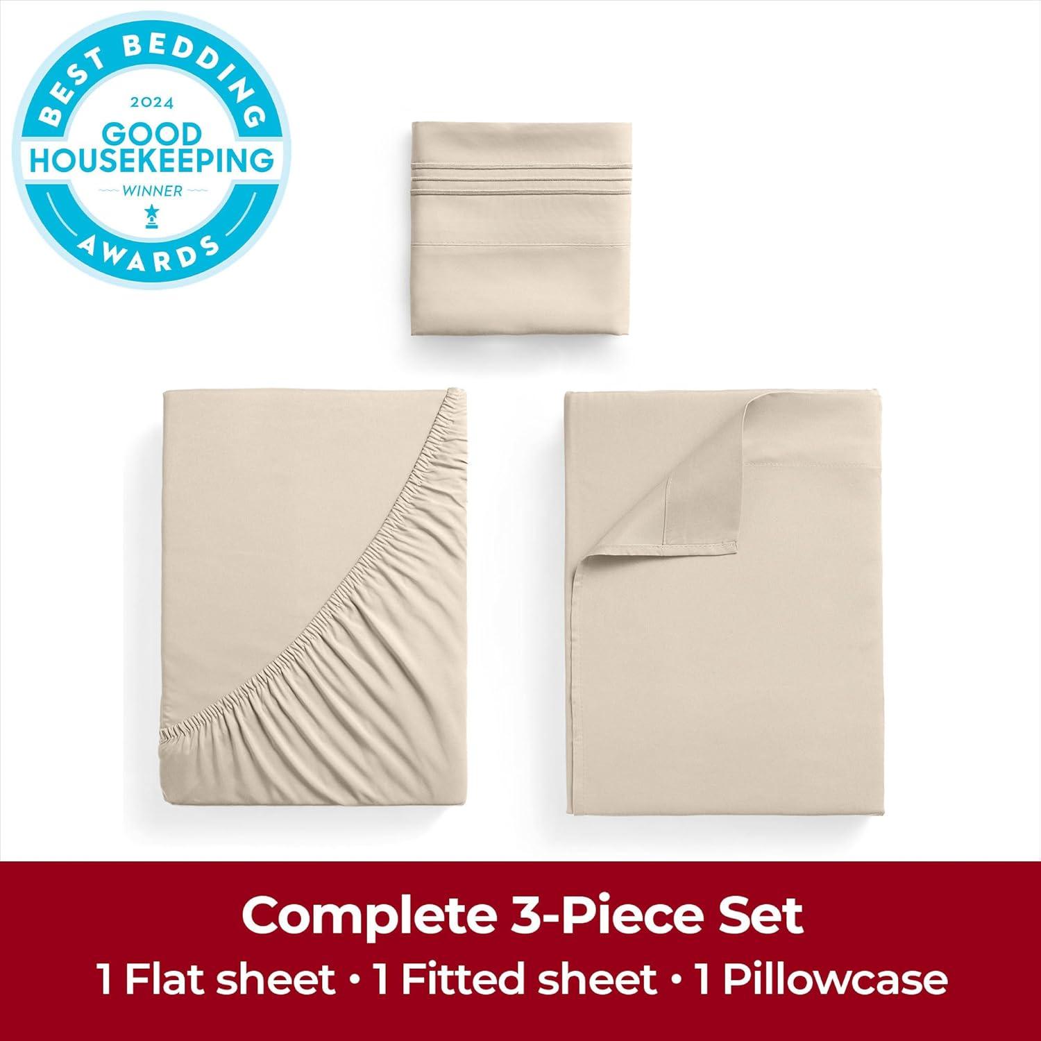 Mellanni Sheet Set Iconic Hotel Luxury Brushed Microfiber, Deep Pocket Sheet, 3 Piece Twin Sand