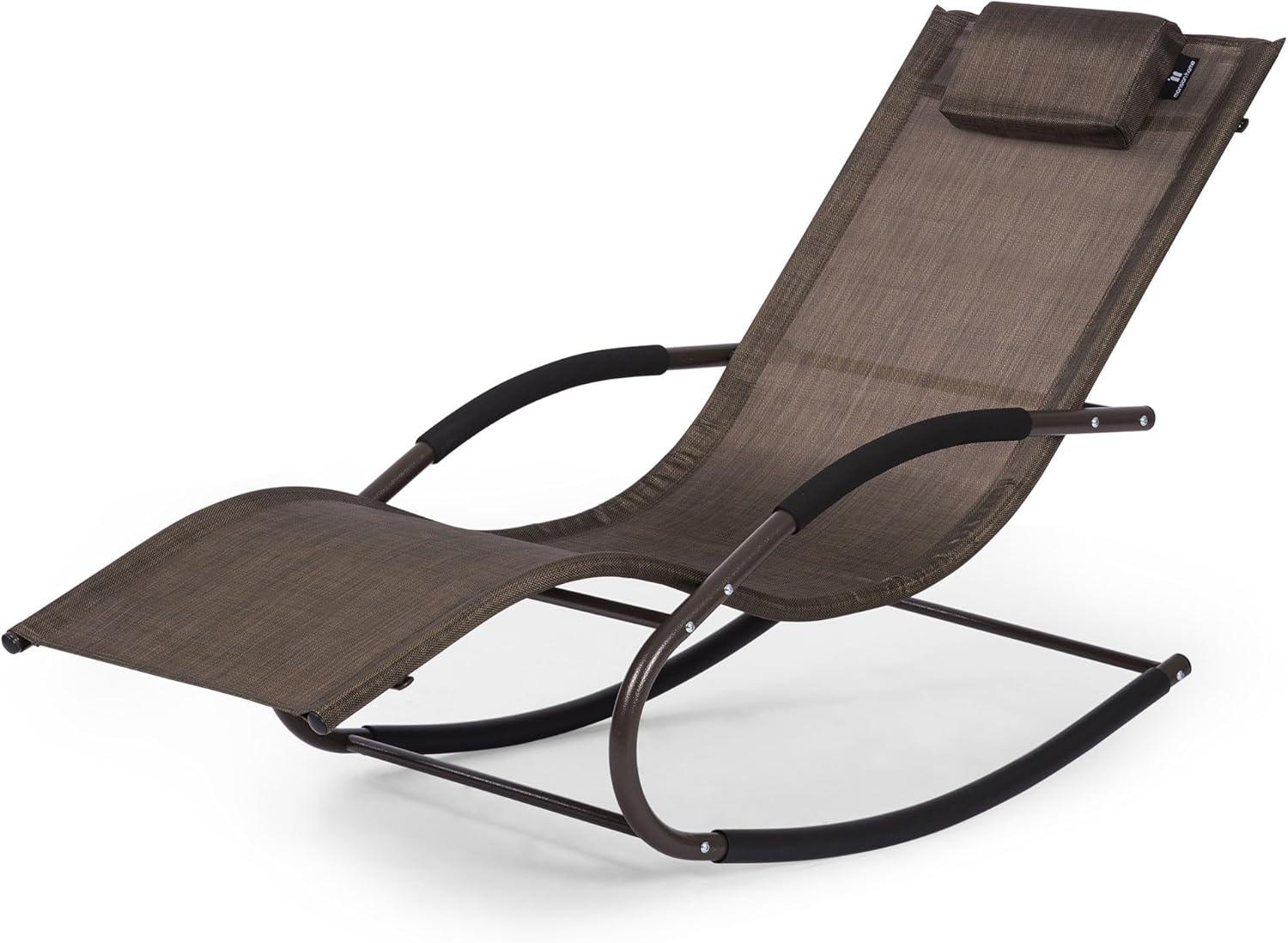 Brown Ergonomic Outdoor Rocking Chaise Lounge with Cushion