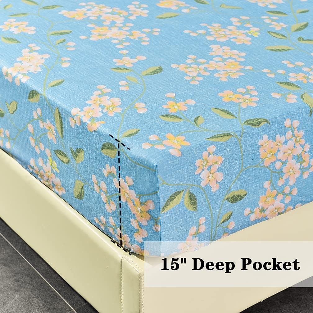 Blue Sakura Floral Queen Microfiber Deep Pocket Sheet Set